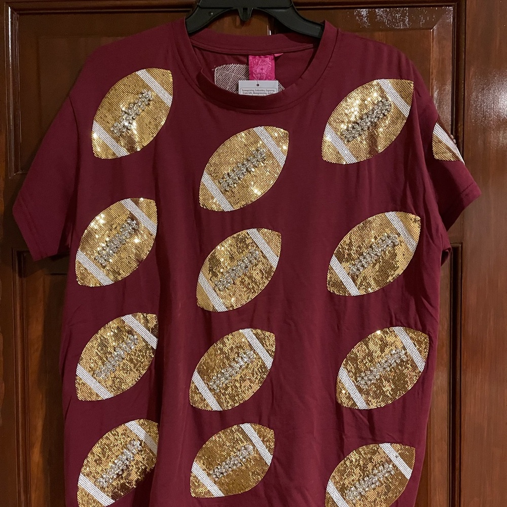 New QUEEN OF SPARKLES Red and Gold Football Tee